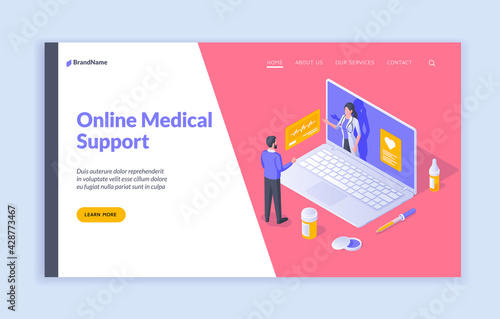 Online medical support. Vector isometric bannerr with doctor in laptop helping male patient with medical issue promoting service of online medical support. Isometric web banner, landing page template photo