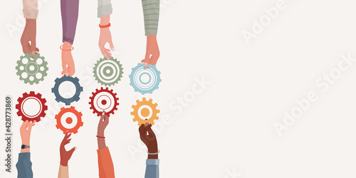 Banner. Concept teamwork and cooperation between colleagues. Problem solving metaphor. Diverse people’s arms and hands holding one gear that fits into other cogwheel. Sharing. Community