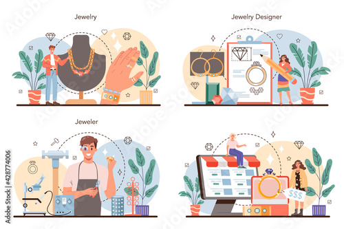 Jeweler concept set. Goldsmith examining and faceting diamond