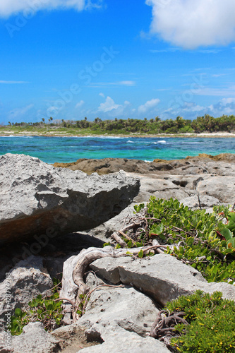 Rocky beach with turquoise waters of Caribbean sea in summer sunny day. Caribbean coast in the Playa del Carmen, Riviera Maya, Quintana Roo, Mexico. Soft focus