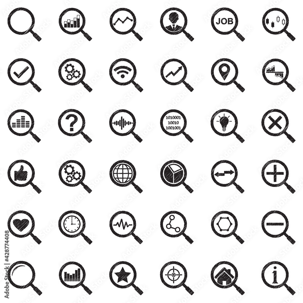 Magnifier Icons. Black Scribble Design. Vector Illustration. Magnifier Icons. Black Scribble Design. Vector Illustration.