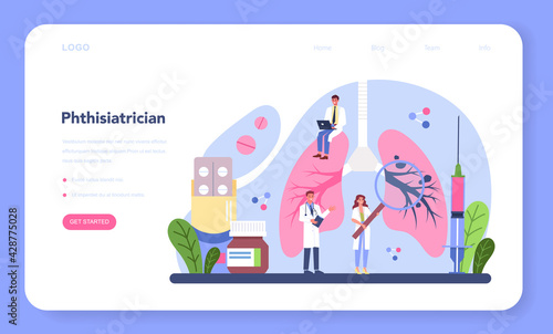 Phthisiatrician web banner or landing page. Doctor standing at big lungs