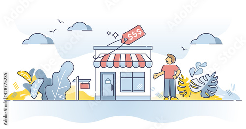 Business for sale as company purchase for new beginning outline concept. Money investment in commerce and retail store opportunity vector illustration. Businessman franchise deal as profit opportunity