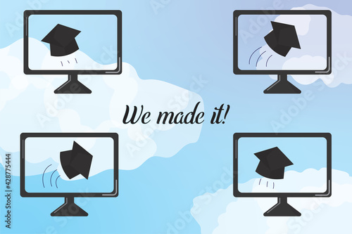 mage of graduate hats (mortarboard, trencher) being tossed into the sky, except they are on screens, due to online education and virtual graduations in 2020 and 2021 caused by the corona virus. 