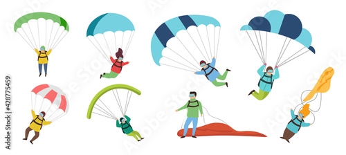 Parachutists vector illustrations set. Flat vector set of professional skydivers