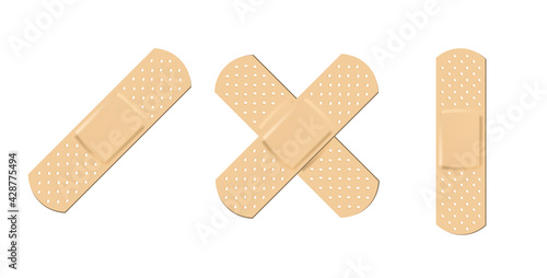 Plaster Adhesive Bandage Collection. Wound plasterer or bandaged patch, vector adhesive health care object