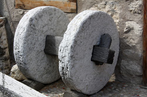 Stonewheel detail near a millstone in Guardia, Trentino, Italy