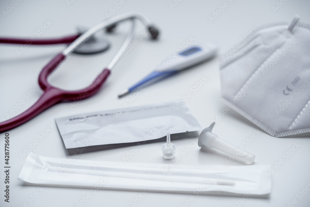Unused Sars Covid 19 Rapid Antigentest with FFP2 Mask, Thermometer and Stethoscope. Unused Sars Covid 19 Rapid Antigentest with FFP2 Mask, Thermometer and Stethoscope.