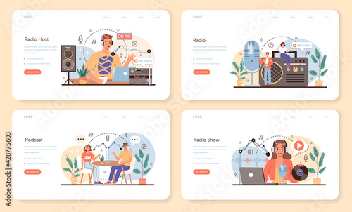 Radio host web banner or landing page set. Idea of news broadcasting