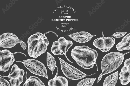 Hand drawn sketch style scotch bonnet pepper banner. Organic fresh vegetable vector illustration on chalk board. Retro cayenne pepper design template