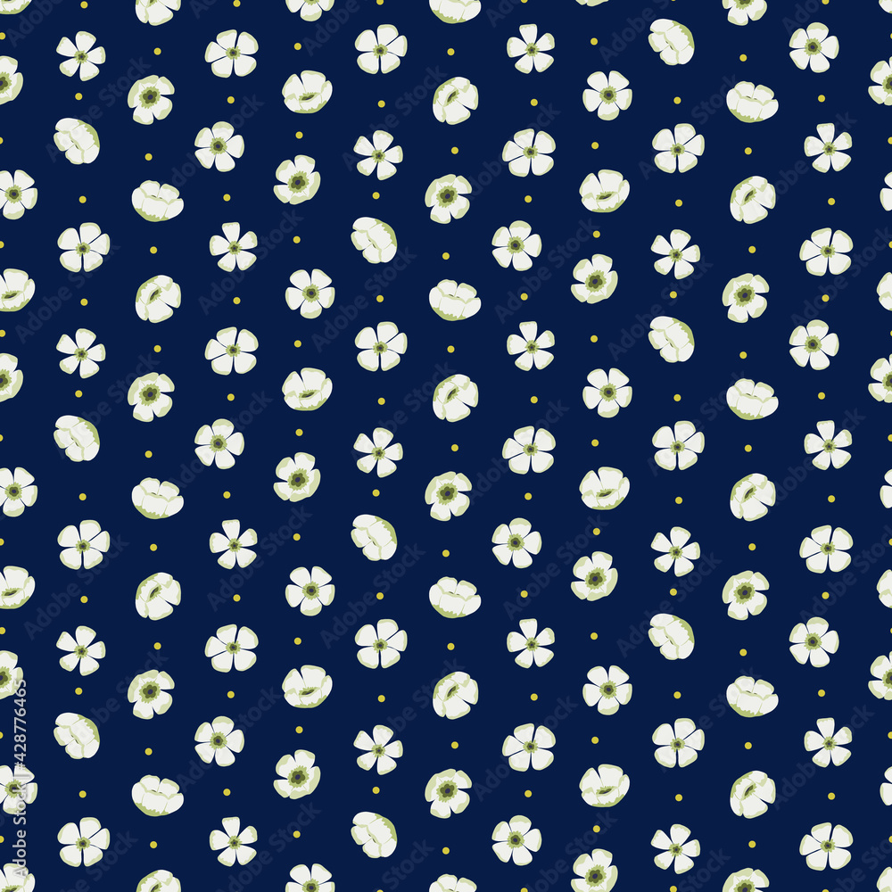 Seamless floral pattern with yellow polka dots on a dark blue background.
Seamless floral pattern with yellow polka dots on a dark blue background.