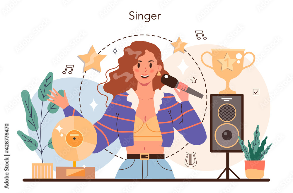 Singer concept. Performer singing with microphone on stage. Vocal music