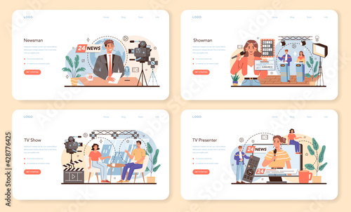 TV presenter web banner or landing page set. Television host in studio