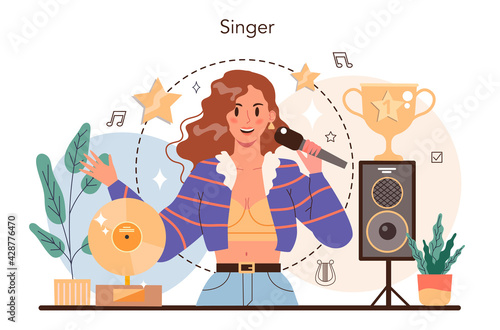 Singer concept. Performer singing with microphone on stage. Vocal music