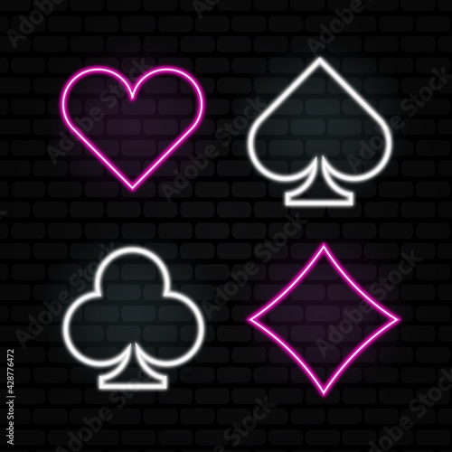 Photography Casino neon card suits vector icons set