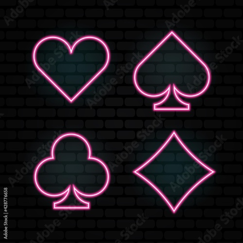 Photography Casino neon card suits vector icons set