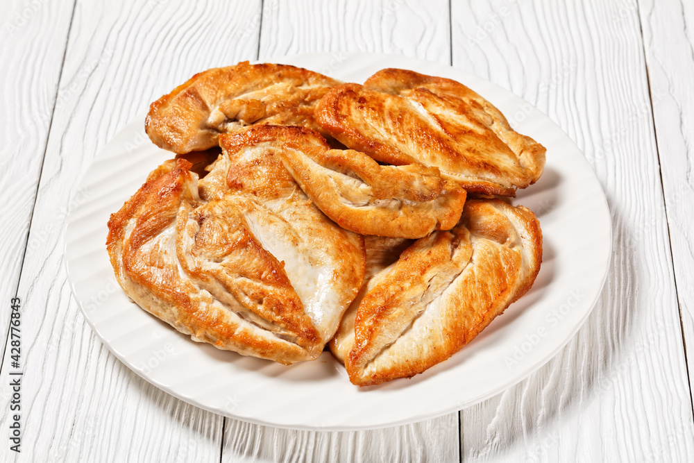 Roast Chicken breasts on a plate, top view