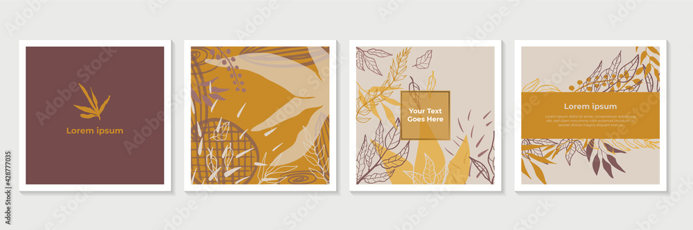 Social media stories and post creative Vector set. Background template with copy space for text and images design by abstract colored shapes, line arts , Tropical leaves gold color of the earth tone