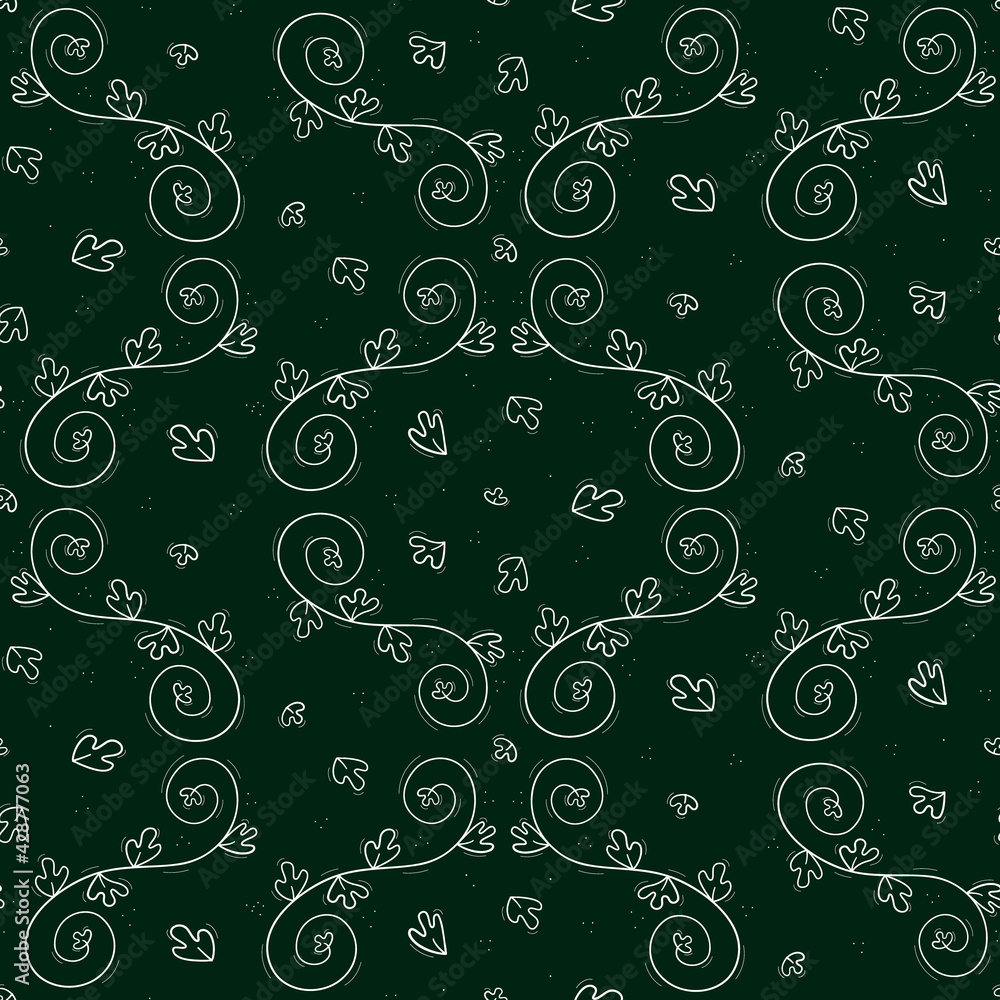 Seamless repeating pattern of bindweed or liana, twisted in a spiral. A branch with a shamrock.Contour white objects on a dark green.