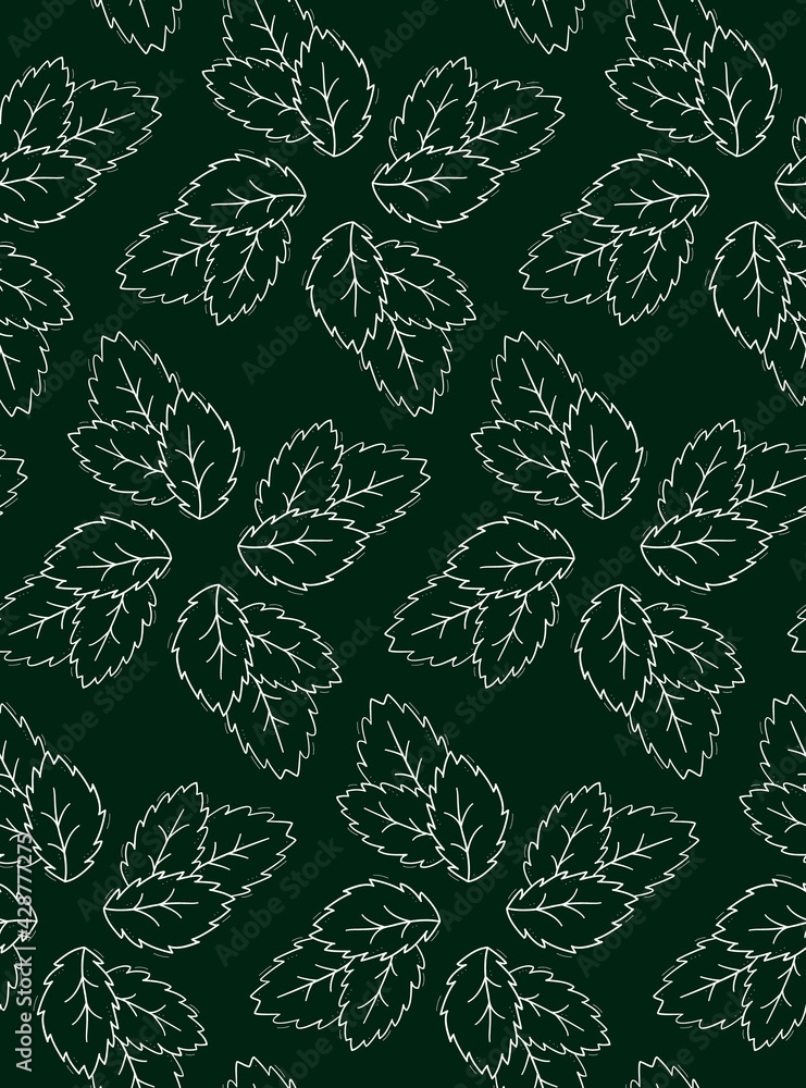 Seamless repeating three-leaf pattern with jagged edges like mint.Contour white objects on a dark green.