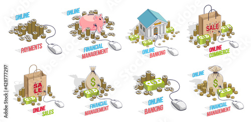 Online business and finance 3D vector illustrations set isolated on white background, money bank shopping bag and other elements with pc mouse connected conceptual designs.
