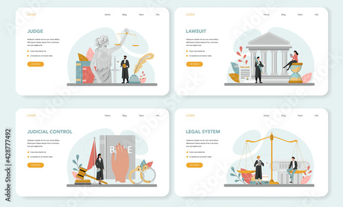 Judge web banner or landing page set. Court worker stand for justice