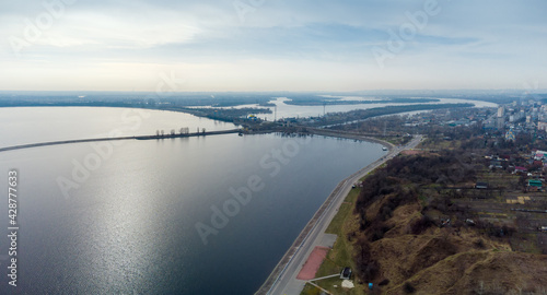 Aerial view of reservoir, dam with hydroelectric power station © An-T