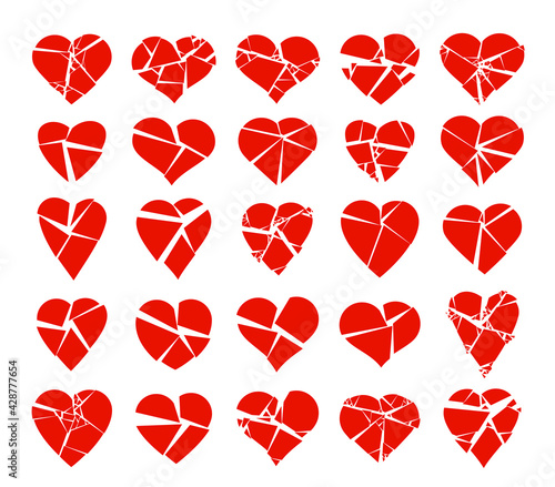 Hearts broken to pieces like a glass vector logos or icons set, broken heart concept, breakup or divorce, heartbreak regret, separated couple, tragic love.