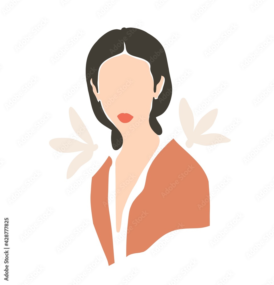 Hand drawn vector abstract stock flat graphic contemporary aesthetic fashion illustration with bohemian,beautiful modern female portrait in simple trendy minimal style isolated on pastel background
