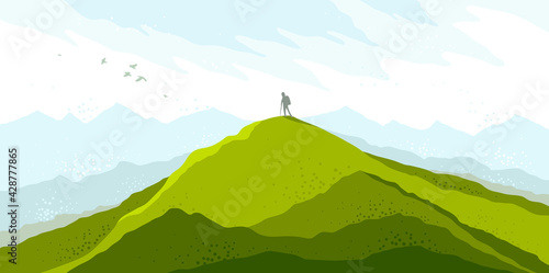Beautiful scenic nature landscape with traveler pilgrim vector illustration summer or spring season with grasslands meadows hills and mountains, hiking traveling trip to the countryside concept.