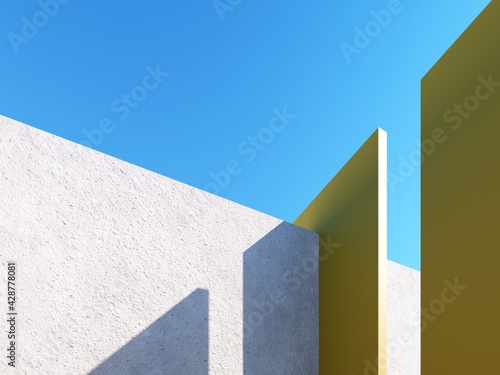 Abstract architectural backdrop - 3D  render. Bright details of the facade of modern building on blue sky background with copy space. Modern minimal illustration of rhythmic objects with sun shadow.