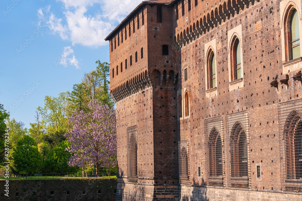 Old medieval Sforza Castle details,sunny day and clouds,Milan ,Italy.