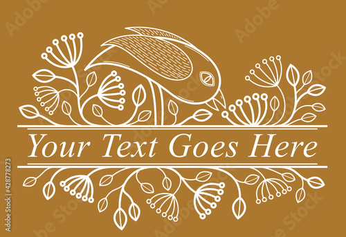 Bird on a branch floral vector design with leaves over dark, classical elegant fashion style banner or text divider for design, luxury vintage linear emblem or frame element.