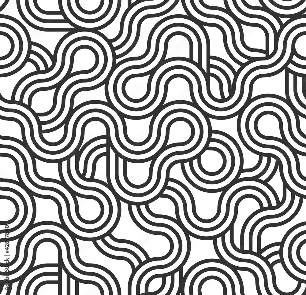 Stripy vector seamless pattern with woven lines, geometric abstract background, stripy net, optical maze, web network. Black and white design.