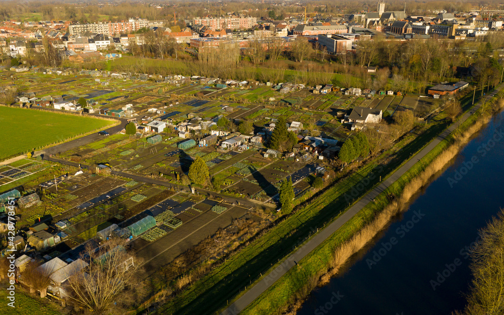 Urban vegetable gardens near Dendermonde, Belgium. Aerial view
