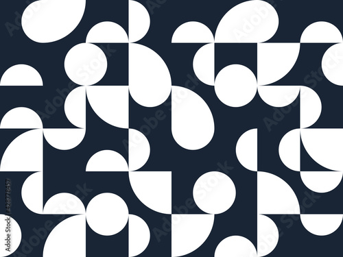Geometric abstract seamless pattern with black and white simple elements of geometry, wallpaper background in retro 70s style, Bauhaus constructive style tiles.