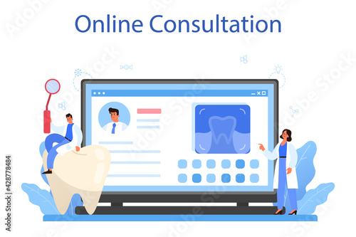 Dentist online service or platform. Dental doctor in uniform treating