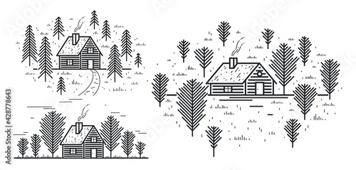 Cabin in woods pine forest linear vector nature illustration isolated on white, log cabin cottage for rest, holidays and vacations theme line art drawing, beauty in nature, woodhouse resort.