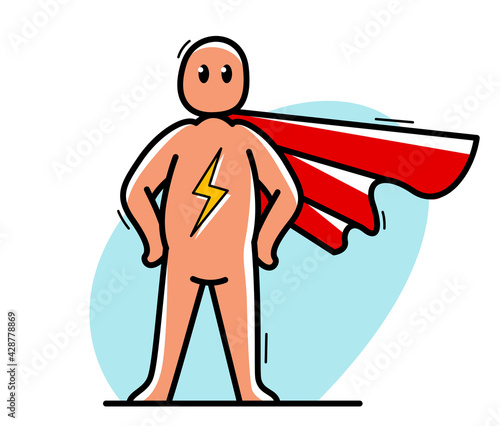 Funny cartoon man standing confident with coat like a superhero vector flat style illustration isolated on white  cute and positive small guy drawing or icon.