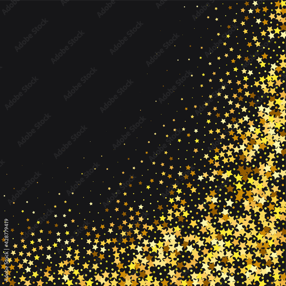 Star Sequin Confetti. Christmas Party Frame. Vector Gold Glitter. Falling Particles on Floor. Isolated Flat Birthday Card. Golden Stars Banner. Voucher Gift Card Template.