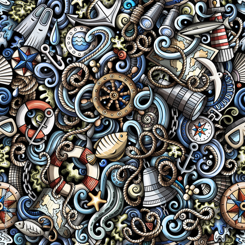 Cartoon doodles Nautical seamless pattern.