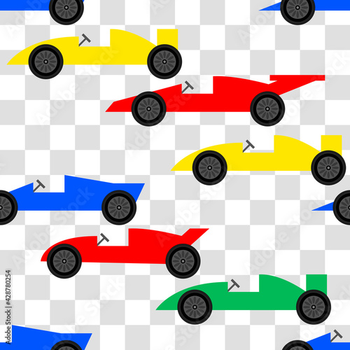 Seamless pattern with hand drawn retro racing cars. Cartoon car vector texture illustration. Perfect for kids fabric, textile, nursery wallpaper. Toy Racing Cars Vector Seamless Pattern