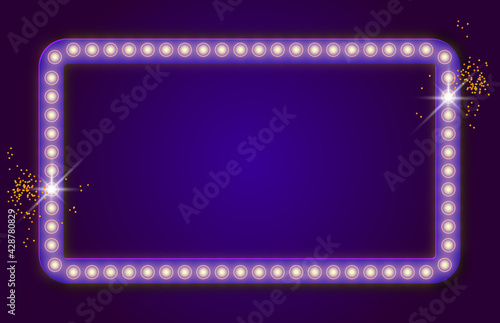 Rectangular retro frame with glowing lamps. Vector illustration with shining lights in vintage style. Vector retro signboard, lightbox. Light banner, vintage bright billboard for advertising