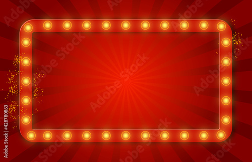 Red rectangular retro frame with glowing lamps. Vector illustration with shining lights in vintage style. Vector retro signboard, lightbox. Light banner, vintage bright billboard for advertising