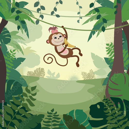 Fototapeta Naklejka Na Ścianę i Meble -  The monkey holds a banana, hangs on a liana, around the jungle