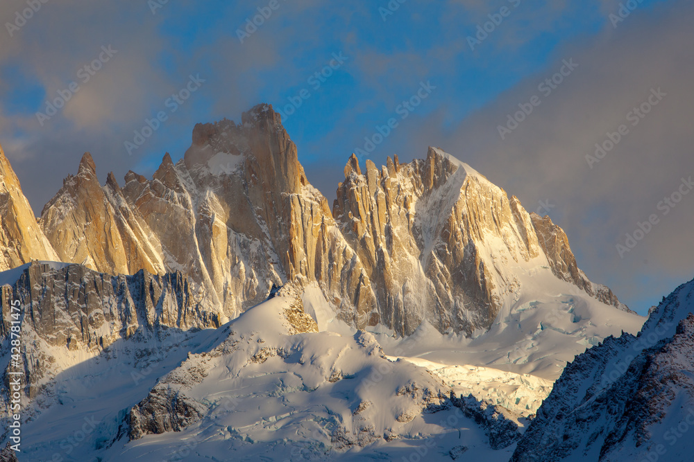 Mountains covered with fresh snow in the Fitzroy mountain massif in early morning light