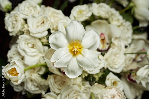 bouquet of white roses. selective focus. beautiful floral arrangement of white flowers with an eye-catching white tulip with a yellow core in the center of the composition