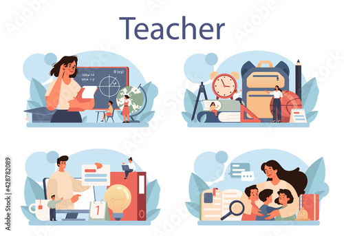 Teacher concept set. Profesor standing in front of the blackboard.