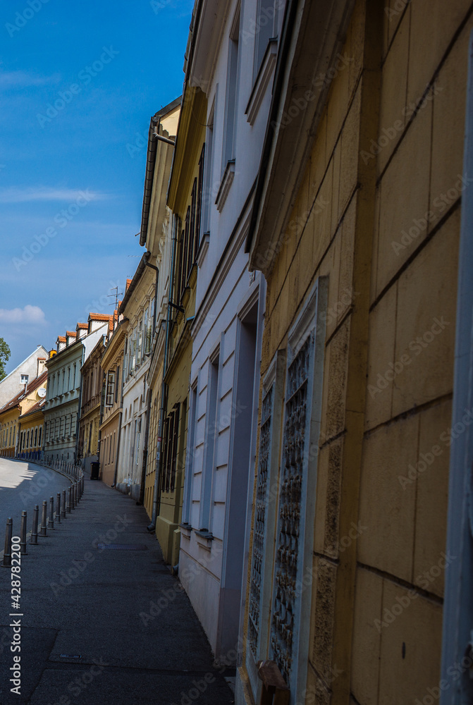 cobblestone street with typical facades of Zagreb Croatia