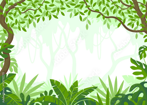 Vector background depicting a jungle with leaves, trees and vines around the edges.